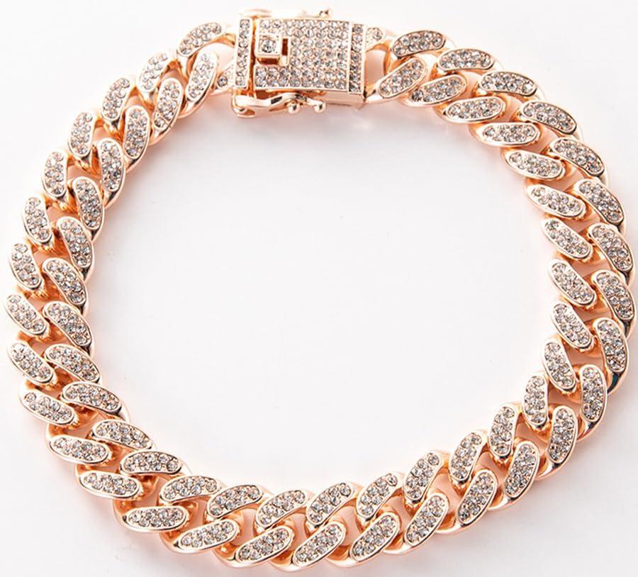 Chain Dog Collar, Bling Diamond Cuban Link Dog Collars Glitter Chain Rhinestone Puppy Necklace for for Small Medium Large Pet Dogs (Rose Gold, 20 inch)