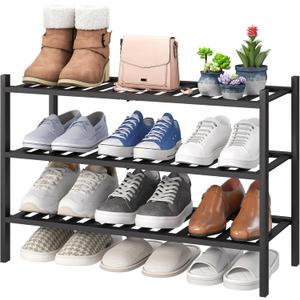 viewcare 3-Tier Black Bamboo Shoe Rack for Entryway, Stackable | Foldable | Natural, Shoe Shelf Storage Organizer for Hallway Closet, Free Standing Shoe Racks for Indoor Outdoor