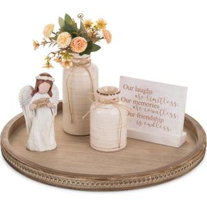 Hanobe Large Round Decorative Tray: 45cm Coffee Table Beaded Tray Vintage Circle Big Wood Trays Decor Rustic Farmhouse Ottoman Centerpiece Serving Home for Counter (17.7", Brown)