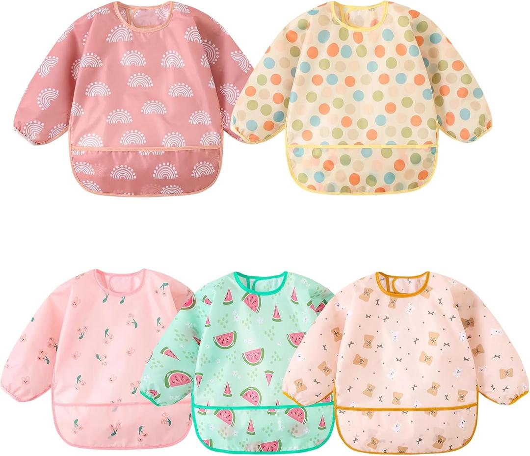 Long Sleeved Bibs,5 PCS Waterproof Wearable Bibs with Sleeves,Baby Feeding Smock 6-30 Months
