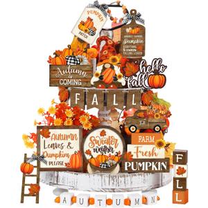 Maitys 21 Pcs Thanksgiving Tiered Tray Decor Set Fall Pumpkin Gnome Truck Scarecrow, Wood Sign, Rustic Farmhouse Decor, Hello Fall Wood Bead Decorative Tabletop Sign for Autumn, Thanksgiving Day, Vintage