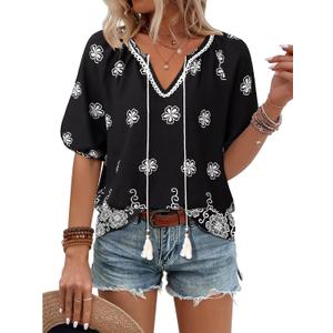 Vivilli Womens Summer Boho Tops Casual V Neck Short Sleeve Blouses Floral Printed Shirt Tie Front Flowy Vacation Clothes (Black) XL