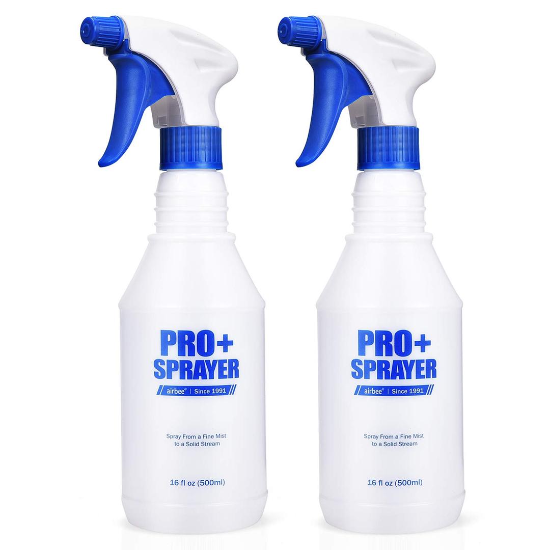 Airbee Plastic Spray Bottles 2 Pack 16 Oz for Cleaning Solutions, Essential Oils, Hair, Planting, Bleach, Professional Empty Spraying Bottle, Mist Water Sprayer with Adjustable Nozzle and Measurements
