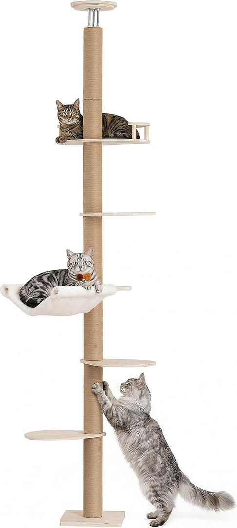Floor to Ceiling Cat Tree for Large Cats, 76-108in Height Adjustable 5-Tier Wood Cat Tower, Cats Activity Center with Plush Hammock & Jute Rope Scratching Posts for Indoor Cats