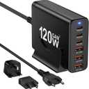 European USB C Charger Station Fast Charging Hub Europe Travel Power Adapter Multiple 6 Multi Port 120W GaN PD QC Block EU UK US Plug for Apple iPhone Samsung Pixel 65W Laptop MacBook Pro Air Surface