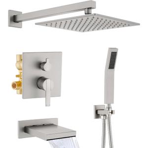 Shower System with Tub Spout, All Metal Bathtub Shower Faucet Set with High Pressure 10 Inch Rain Shower Head and Handheld Shower Head Set, Brushed Nickel (Valve Include)