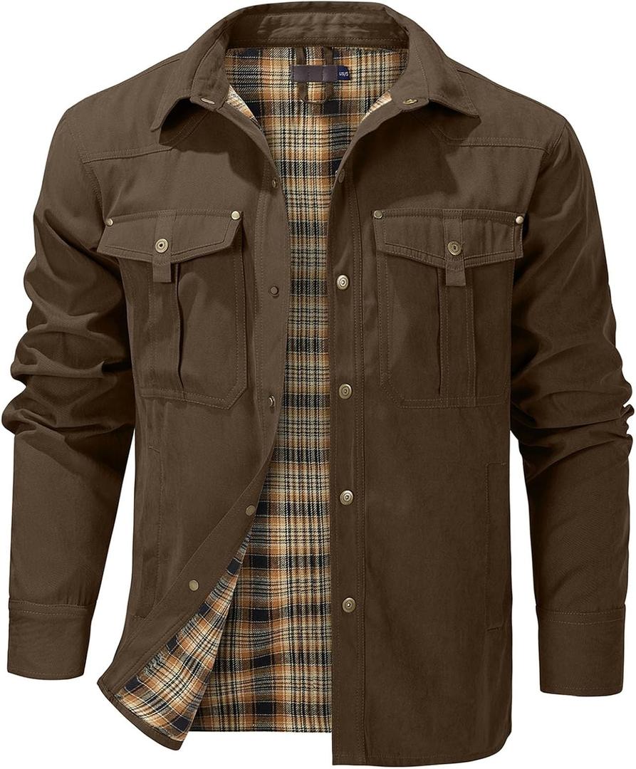 Flygo Mens Flannel Lined Shirt Jacket Lightweight Snap Button Western Jacket Rugged Outdoor Cowboy Shirts Jackets, M