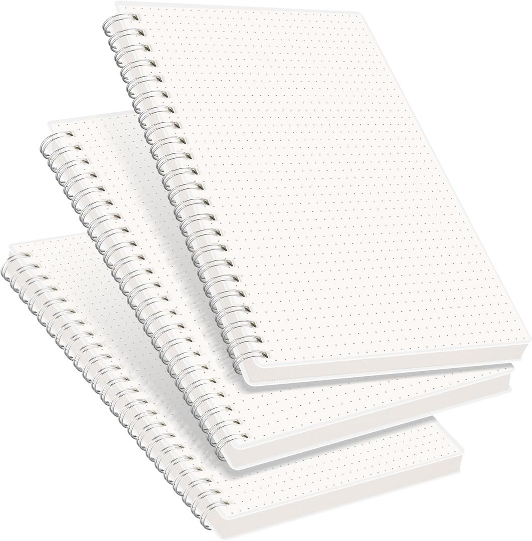 RETTACY Dotted Journal Notebook, 3-Pack, 160 Pages per Pack, A5 Medium Size (5.7''  8.3''), 100 GSM Thick Paper, Spiral-bound, Flexible Plastic Cover, for Journaling, Planning, Tracking (Transparent)