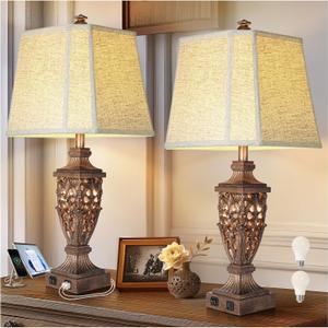 28.5" Vintage Bronze Table Lamps Set Of 2 with Night Light,Lamps for Nightstand with Beige Linen Cut Corner Shade,Bedside Lamp with USB A+C Ports for Bedrooms,Living Room,Office,Hotel(Bulb Included)