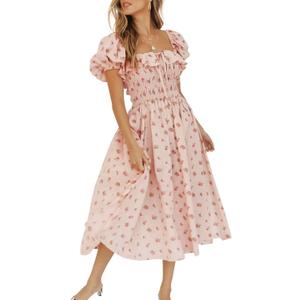 R.Vivimos Womens Summer Floral Print Puff Sleeves Vintage Ruffles Midi Dress (Pink)