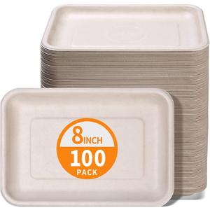 Celel 100 Pack 8 Inch Rectangle Paper Plates, Bend-Resist 8 x 6 inch Food Trays Disposable Rectangle Plates for Tacos, Meat, Dessert, Snack