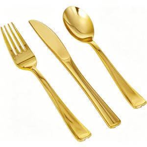 150PCS GzfunTeng Gold Plastic Silverware, Heavy Duty Disposable Cutlery Set Includes 50 Forks, 50 Knives, 50 Spoons for Party, Wedding and Daily Use (150 Pieces, Gold)
