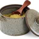 Honeydak Speckled Ceramic Salt Cellar with Lid and Wooden Spoon, Rustic Farmhouse Salt Pepper Cellar Holder for Valentines Day,Housewarming Gift, Heavyweight Spices Jar(Light Gray,1 Set)