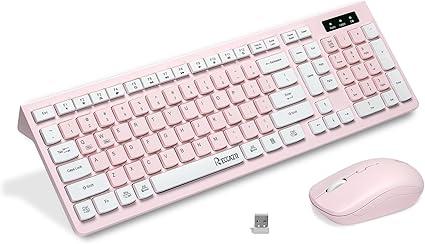 Wireless Keyboard and Mouse Combo, Reccazr 2.4G Full-Sized Keyboard and Mouse Cordless, 3 DPI Adjustable Mouse, Dual-System Keyboard for Computer/Laptop/Windows/Mac (Pink & White)