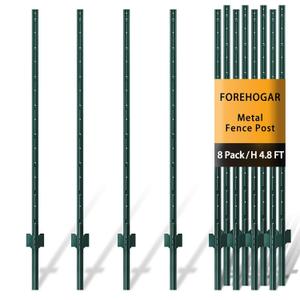FOREHOGAR Metal Fence Post Green 4.8 feet, Pack of 8, T Posts for Wire Fence, No Dig Steel U Post Fencing for Lawn Garden Wire Mesh Poles Sign Outdoor Light Duty