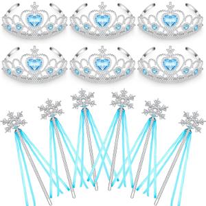 Chalyna 12 Pcs Princess Crowns Tiara Wand for Little Girl Silver Heart Jewel Plastic Tiara Winter Gift for Birthday(Blue,Snowflake Style)