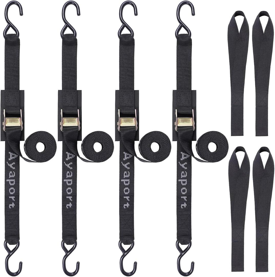 Ayaport Cam Buckle Tie Down Straps 8 feet 3000lbs Break Strength Securing Straps with S Hooks for Motorcycle, Kayak, Car, Truck, Dirt Bike (1.5"x8' black)