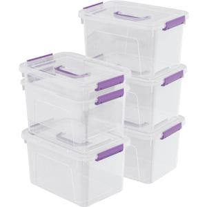 Sandmovie 6 Quart Clear Latching Box with Lid and Handles, Clear Plastic Storage Tote, 6 Packs (Clear, Bright Purple (6 Qt))