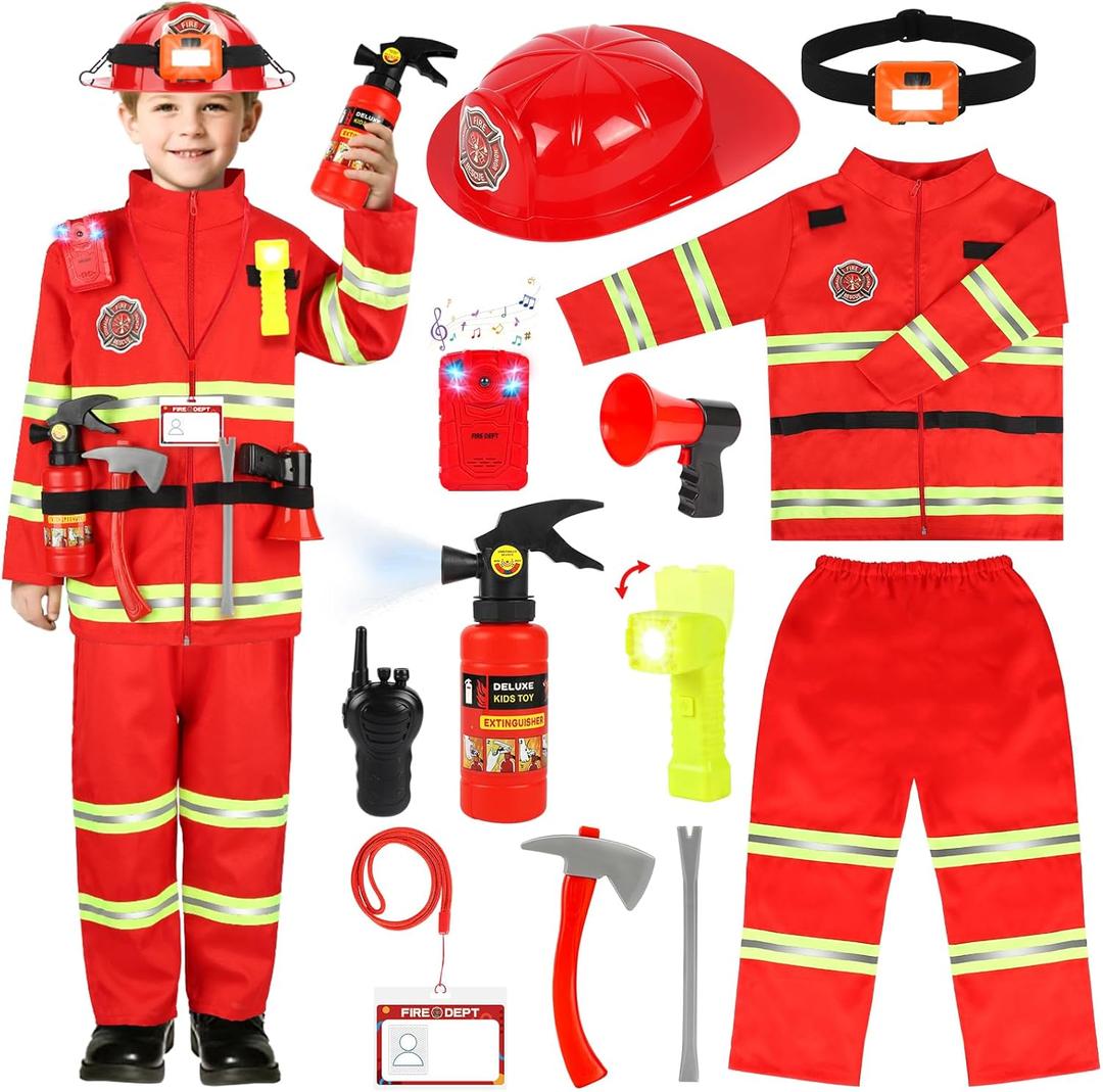 HUUIDY Firefighter Costume for Kids, Fireman Costume with Firefighter Tools, Fire Extinguisher, Helmet Light, Right Angle Flashlight, Kids Dress Up Clothes, Pretend Play Toys Gifts for Boys Age 4+
