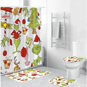 LIN&BABAY 4Pcs Christmas Shower Curtain Set with Non-Slip Rugs, Toilet Lid Cover and Bath Mat, Christmas Bathroom Decor with Hooks 71'' x 71'' (White)