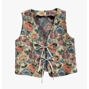 Verdusa Women's Vintage Floral Print Bow Tie Cowgirl Vest V Neck Sleeveless Jacket Outerwear, Size M