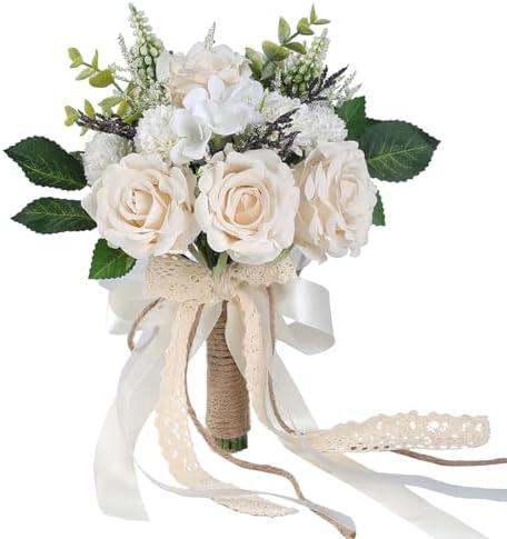 GLIDLION Wedding Bouquets for Bride Bridesmaid,White Champagne Artificial Roses Flowers for Wedding Church Decoration (7.5in)