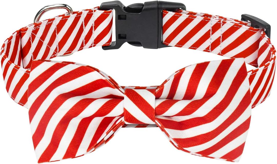 Malier Cute Adjustable Christmas Collar with Bowtie, Classic Stripe for Girl & Boy Dogs, Cats (Red Stripe, Small)