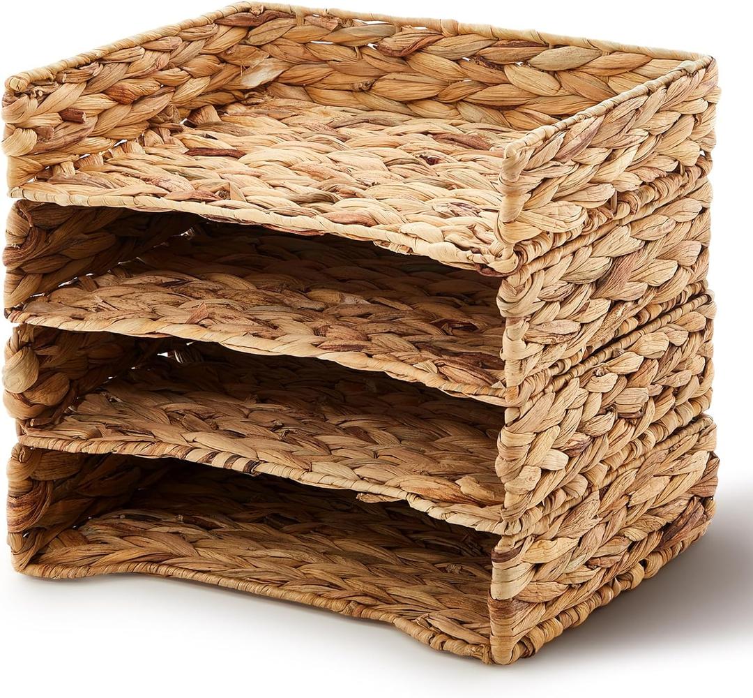 Yeaqee 4 Pcs Water Hyacinth Letter Tray Stackable Natural Woven Paper Organizer A4 File Storage Basket Letter Size Desk Documents Tray Magazine Holder for Office Paper Organizer and Storage
