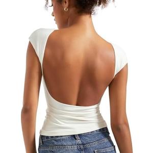 SUUKSESS Women Backless Sexy Going Out Tops Double Lined Open Back Y2k Basic Tee Shirts, XS