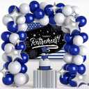 Mocsicka Happy Retirement Backdrop - Navy Blue Police Retirement Party Decorations, Flag and Firework Congrats Photo Booth Prop (7x5ft)