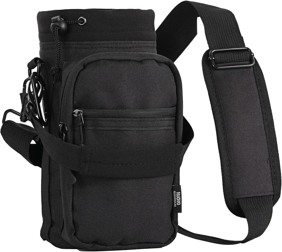 Nuovoware Water Bottle Carrier, 40oz Bottle Carrier Sports Insulated Water Bottle Holder with Adjustable Shoulder Strap, 2 Pockets Flask Sling Bag Drawstring Pouch for Climbing Hiking Walking (Carbon Black)
