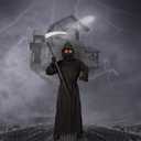 Grim Reaper Halloween Costume with Glowing Red Eyes for Kids, Scythe Included (Black)