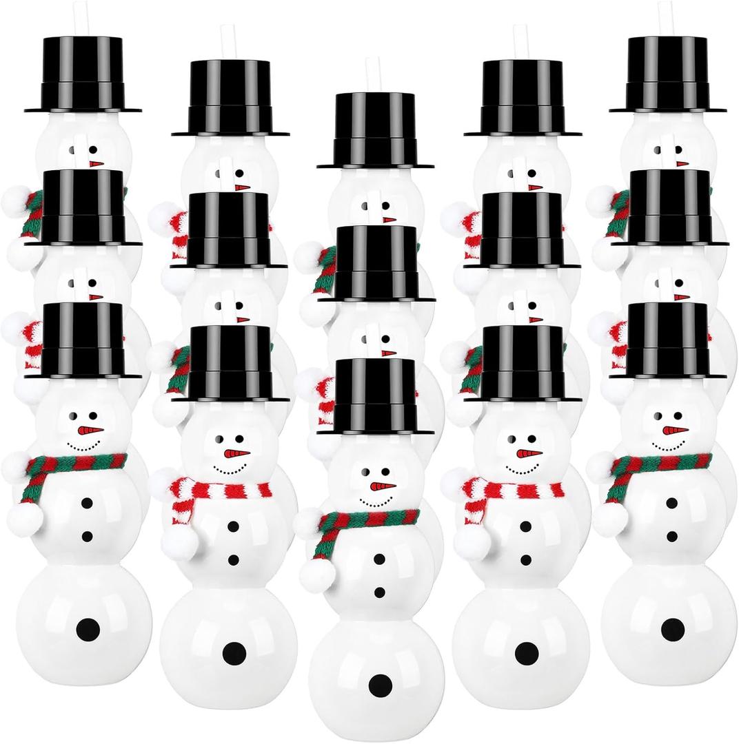 Nuogo 12 Pack Christmas Snowman Juice Bottle with Lid and Straw Scarves Snowman Shaped Reusable Water Bottles Empty Drink Containers for Christmas Party Supplies