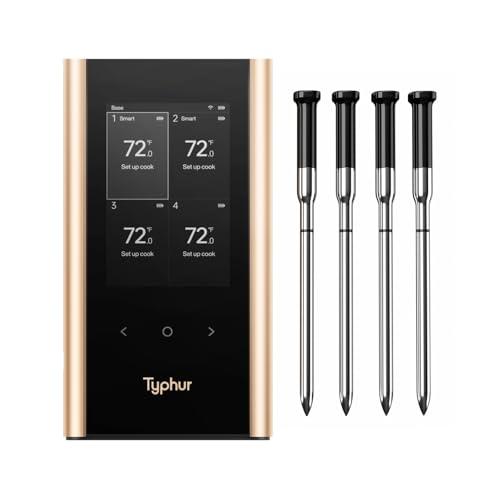 Sync Gold Wireless WiFi Meat Thermometer, 4 Slim Probes, 6 Sensors, 10x Stronger Signal, ±0.5℉ Accuracy, Smart Base Direct Setup, Reliable Reading Through Kamado Grill, BBQ, Oven, Smoker, Air Fryer