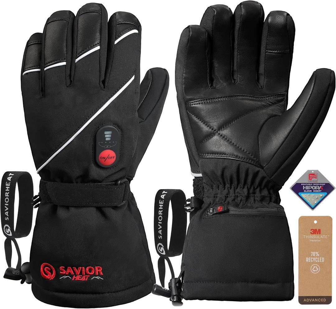 SAVIOR HEAT Heated Gloves for Men Women, Rechargeable Electric Heated Leather Skiing and Snowboarding Gloves L