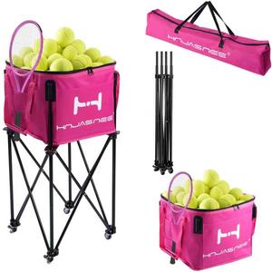 Foldable Adjustable Tennis Ball Hopper, Large Capacity Basket Holds 200 Balls, Upgraded Pickleball Caddy with Multifunction Pockets and Wheels for Training and Teaching