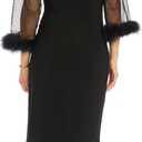 Elegant Feather Trim Wrap Mini Dress W/Illusion Long Sleeves, Ruched Waist & Rhinestone Brooch (Black) 10P