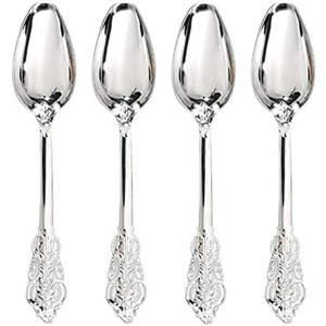 WDF 100 Piece Silver Plastic Spoons Disposable - 6.93 Inch Baroque Silver Silverware for Dessert Cake - Heavy Duty Plastic Spoons for Party Wedding Daily Using Baby Shower Spring