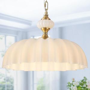 Vintage Floral Glass Chandelier - 15.7" Adjustable Pendant Light Fixture White Flower Pendant Light for Kitchen Island, Dining Room, Bedroom, Modern Farmhouse Decor