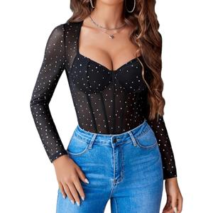 Avidlove Women Long Sleeve Bodysuit Sparkle Body Suits Top Mesh One Piece Leotard Shirt Going Out Tops Fall Outfits S-XXL (Large, Black)