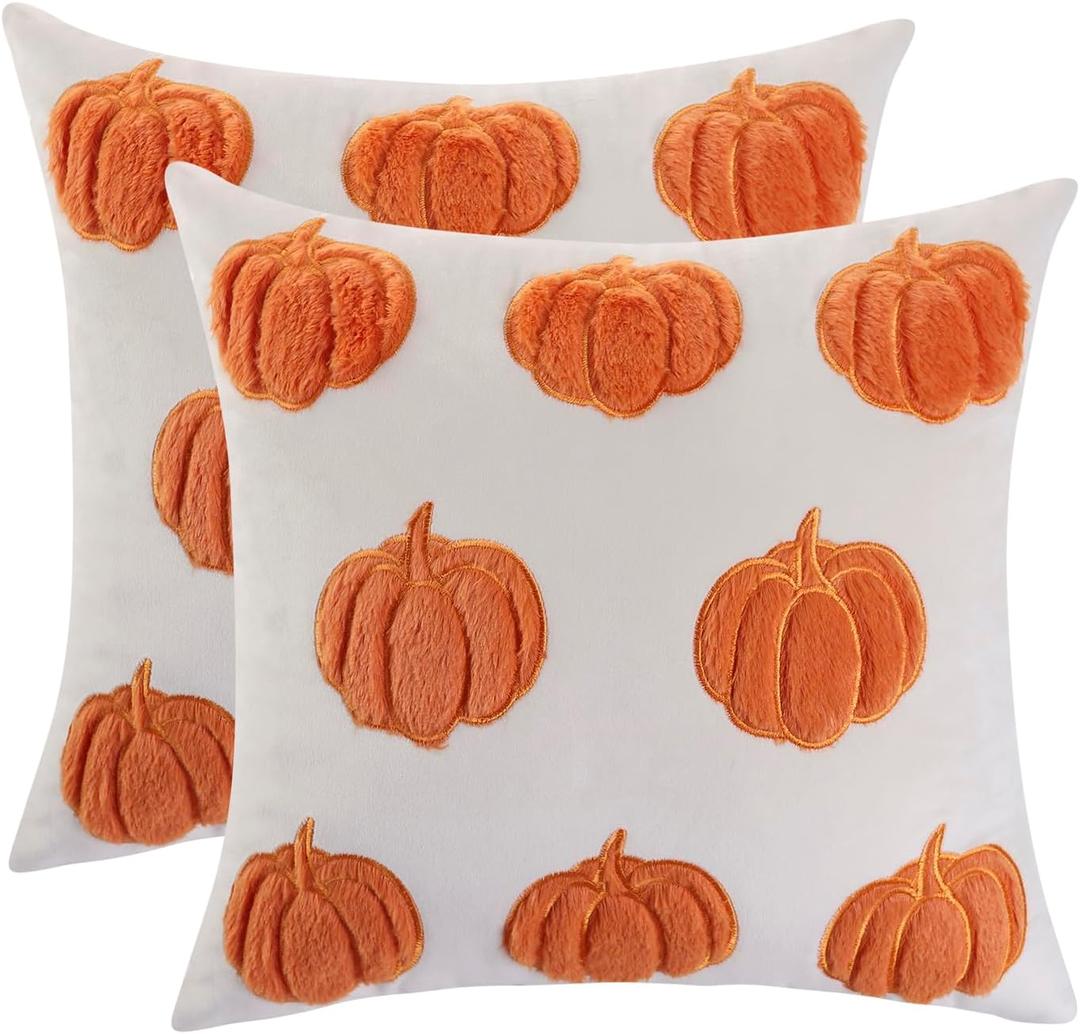 LUOYEHK Halloween Throw Pillow Covers 18x18 Set of 2 Orange Pumpkins Embroidered Pillow Cases Holiday Thanksgiving Velvet Cushion Covers for Couch Sofa Bed