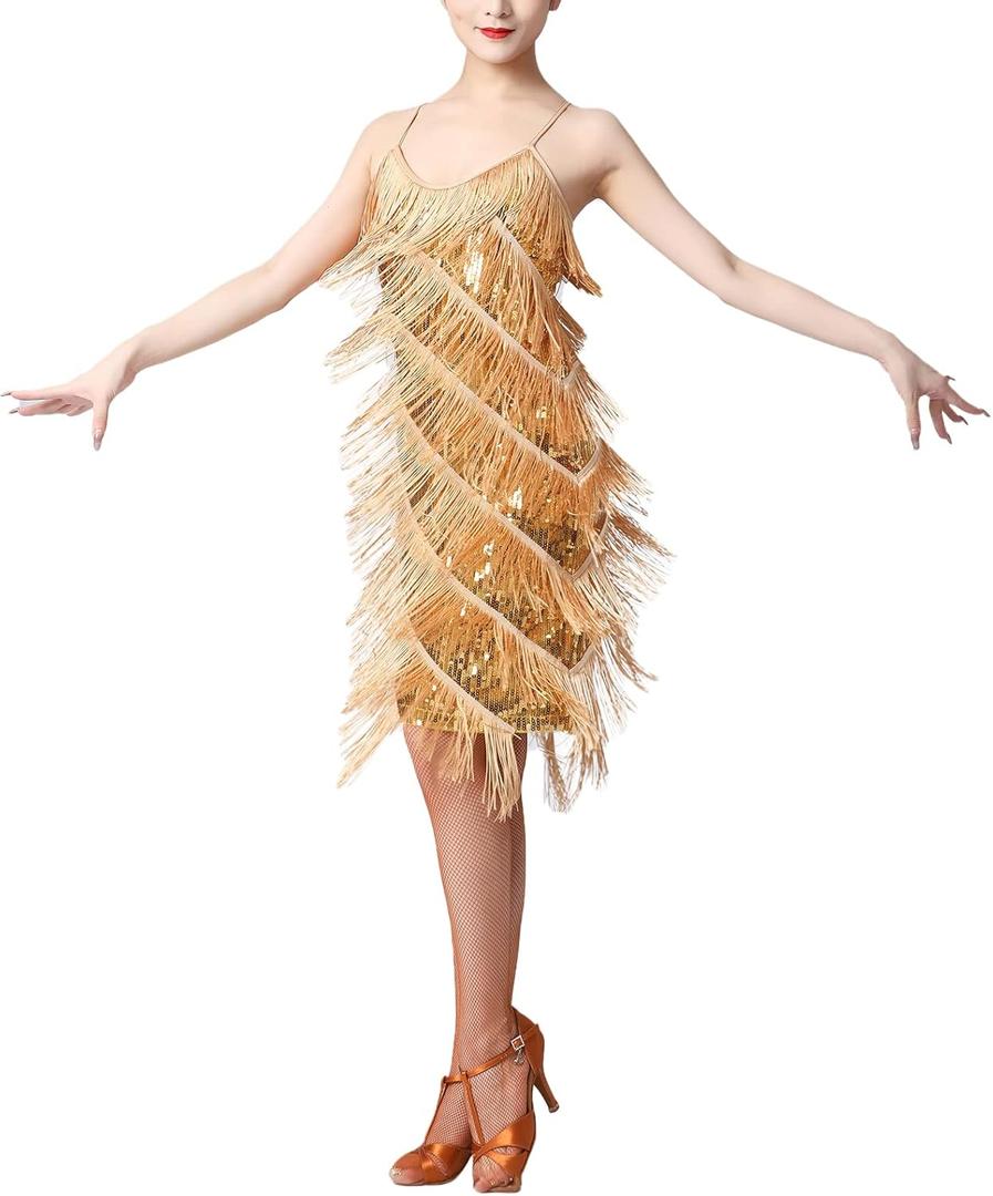 IWEMEK Women's Salsa Latin Dance Dress Ballroom Costume Sequin Tassel Fringe Flapper 1920s Gatsby Party Spaghetti Straps Roaring 20s Cocktail Rhythm Tango Cha Rumba Gold Medium