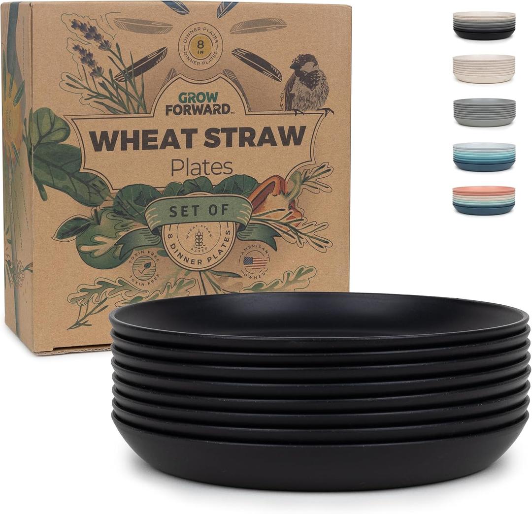 Grow Forward Premium Wheat Straw Dessert Plates - 8 Inch Reusable Hard Plastic Plates Set of 8 - Unbreakable Microwave Safe Plates for Dinner, Camping, RV, Outdoors, Patio, Kitchen Dishes - Midnight
