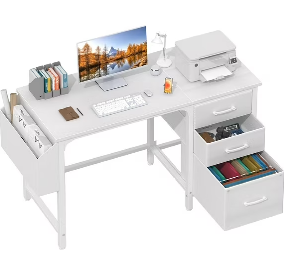 Lufeiya White Computer Desk with Fabric File Drawers Cabinet, 47 Inch Home Office Desks with Filing Cabinet for Small Space, Modern Writing Table PC Desks, White