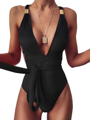 Lilosy Sexy Tie Criss Cross Plunge One Piece Thong Swimsuit High Cut Brazilian Bathing Suit XL