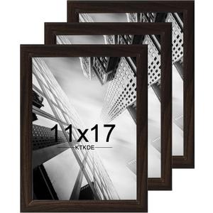 KTKDE 11x17 Picture Frame Set of 3,Walnut Wooden frames, Vertical & Horizontal Wall Hanging for Wall Display,Studio Gallery Photo Frame for Photos, Posters & Art Prints