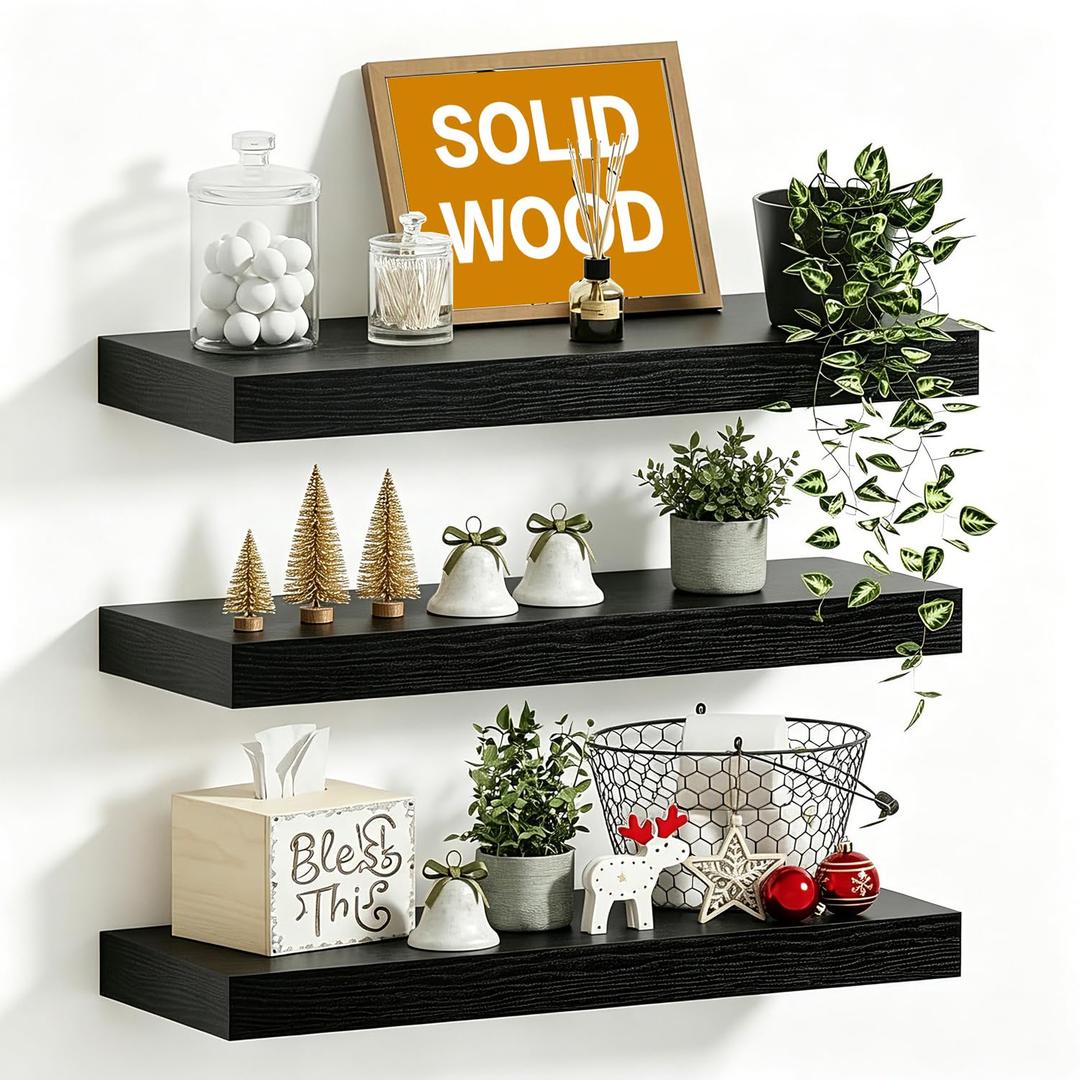 YIPINMUGE Solid Wood Floating Wall Shelves, Wall Mounted Display Bookshelf for Bedroom, Bathroom, Kitchen, Living Room, Decor Wall,Floating Shelf (Black, 35.8'W *9.25" D*1.57" H,Set of 2)