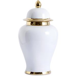 White Ginger Jar with Gold Trim, Ginger Jar Vase Decor for Centerpiece, Table Decorations, Living Room, Shelf, 15inches