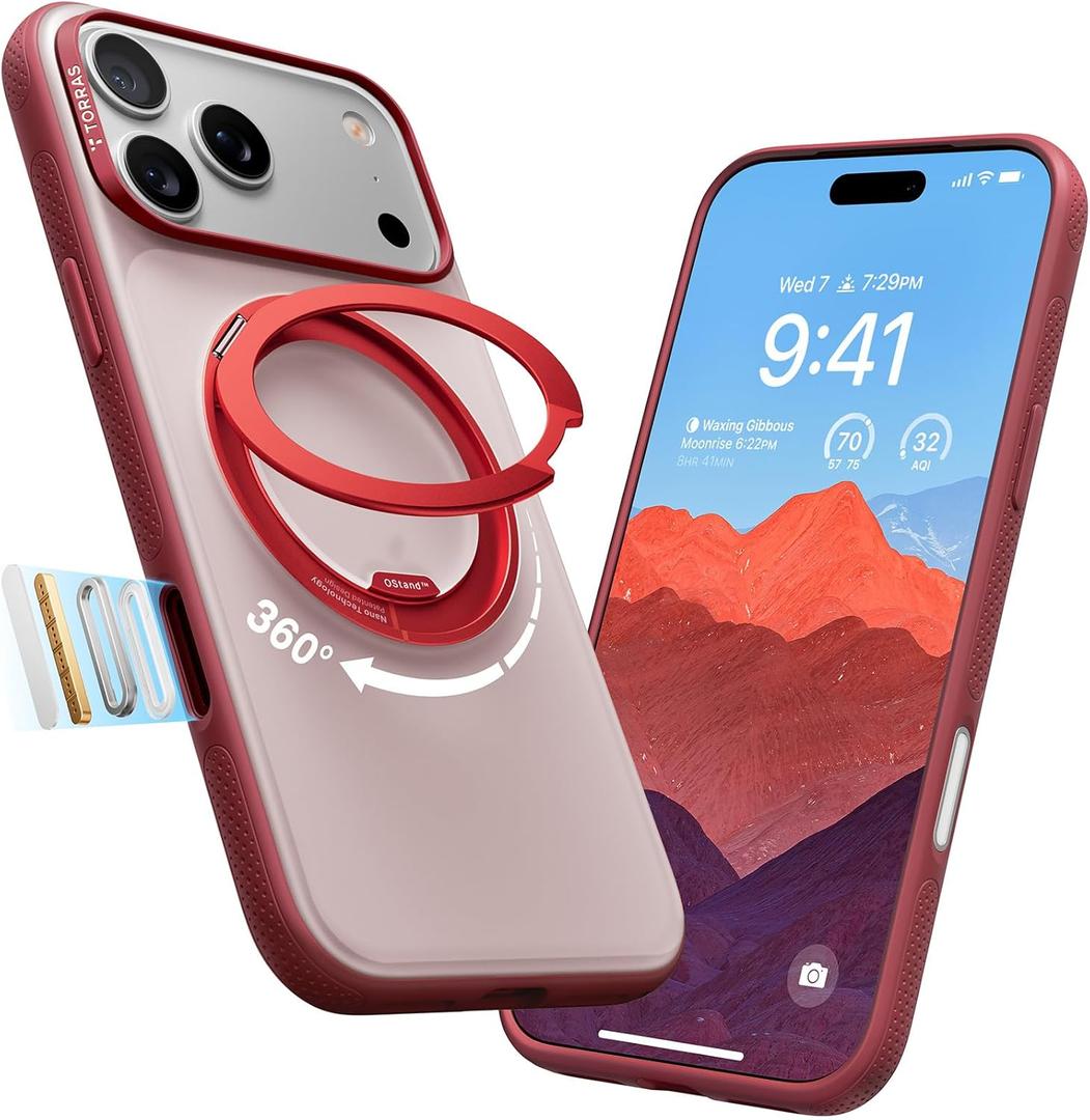TORRAS 360 Magnetic Stand for iPhone 17 Pro Case, Ostand 3.0[Fit for MagSafe][4X Mil-Grade Shockproof] Rotatable Kickstand Protective Cover, Camera Control Button, Translucent Burgundy Red, O3 Fitness