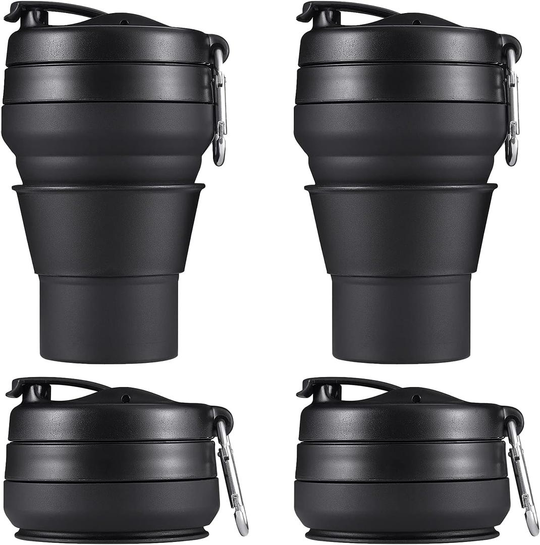2PACK Collapsible Coffee Cup, 16 OZ 480ml Silicone Folding Camping Mug, Leak Proof BPA Free Portable Sport Bottle with Lids for hiking, Microwave & Dishwasher Safe (Black)